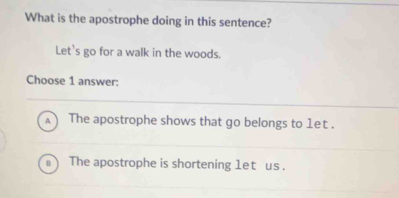 what is the apostrophe doing in this sentence? lets go for a walk in th…