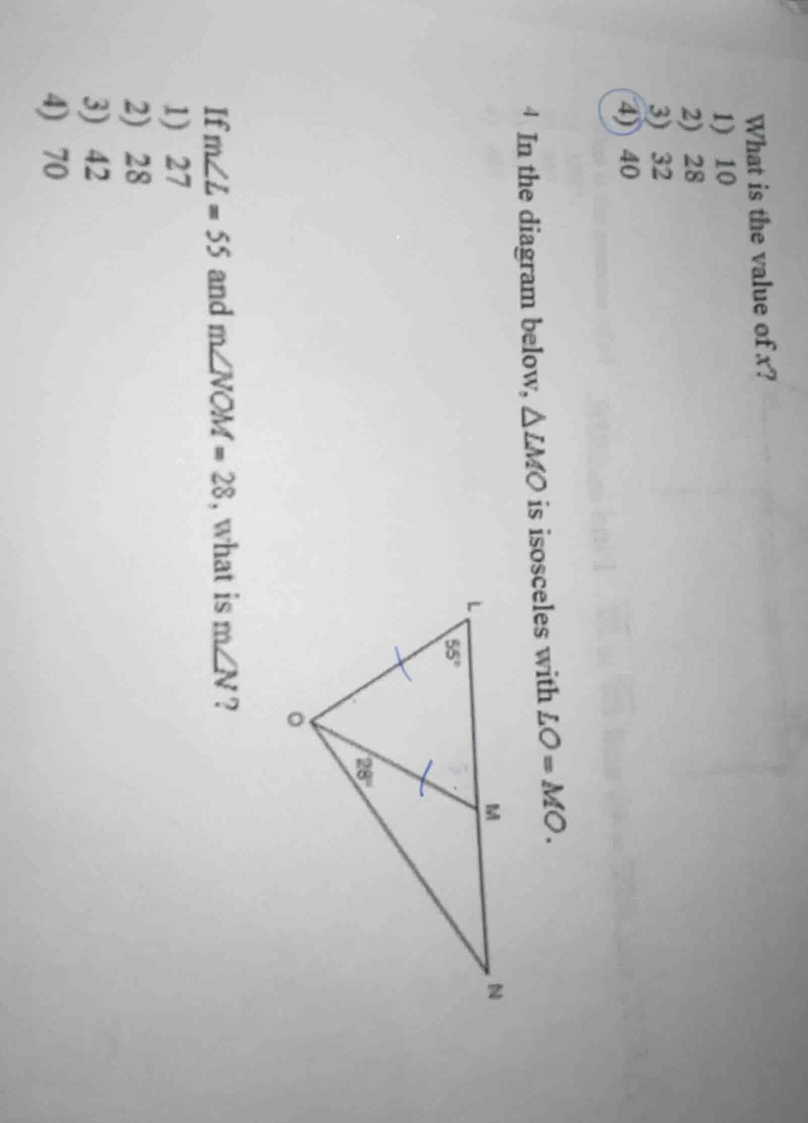 what is the value of x? 1) 10 2) 28 3) 32 4) 40 4 in the diagram below,…