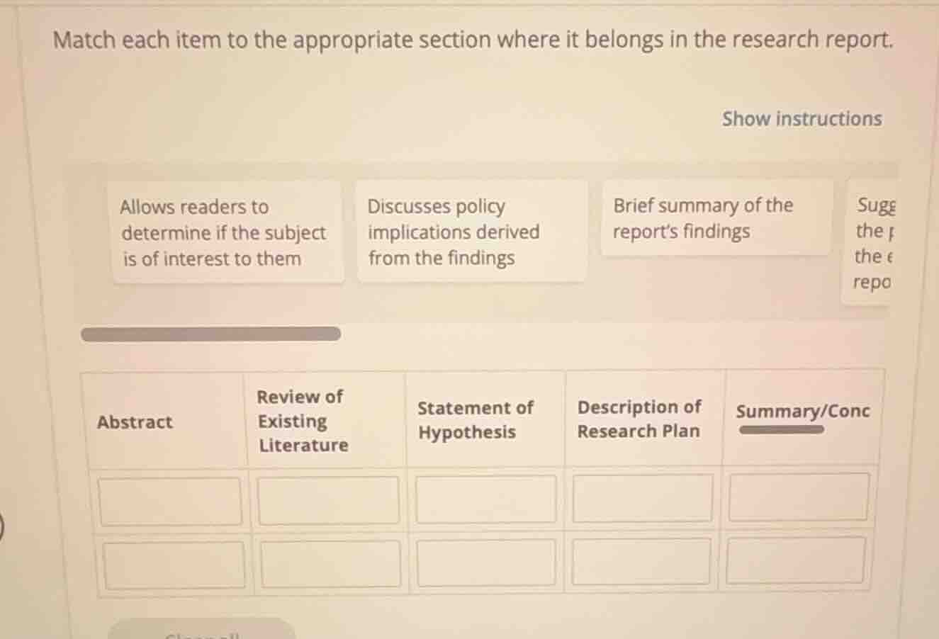 match each item to the appropriate section where it belongs in the rese…