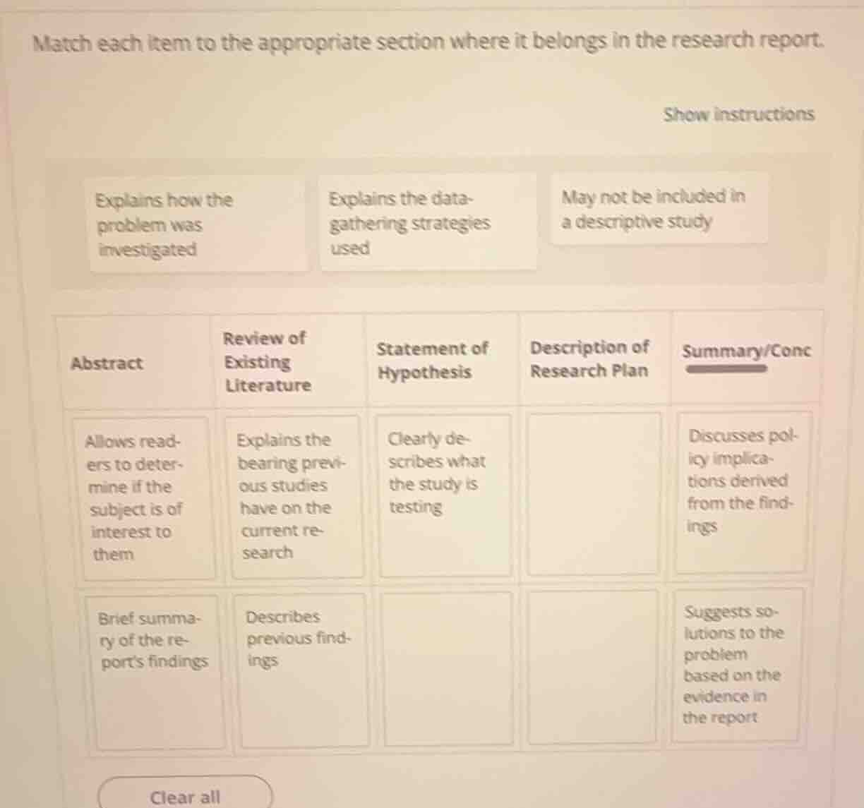 match each item to the appropriate section where it belongs in the rese…