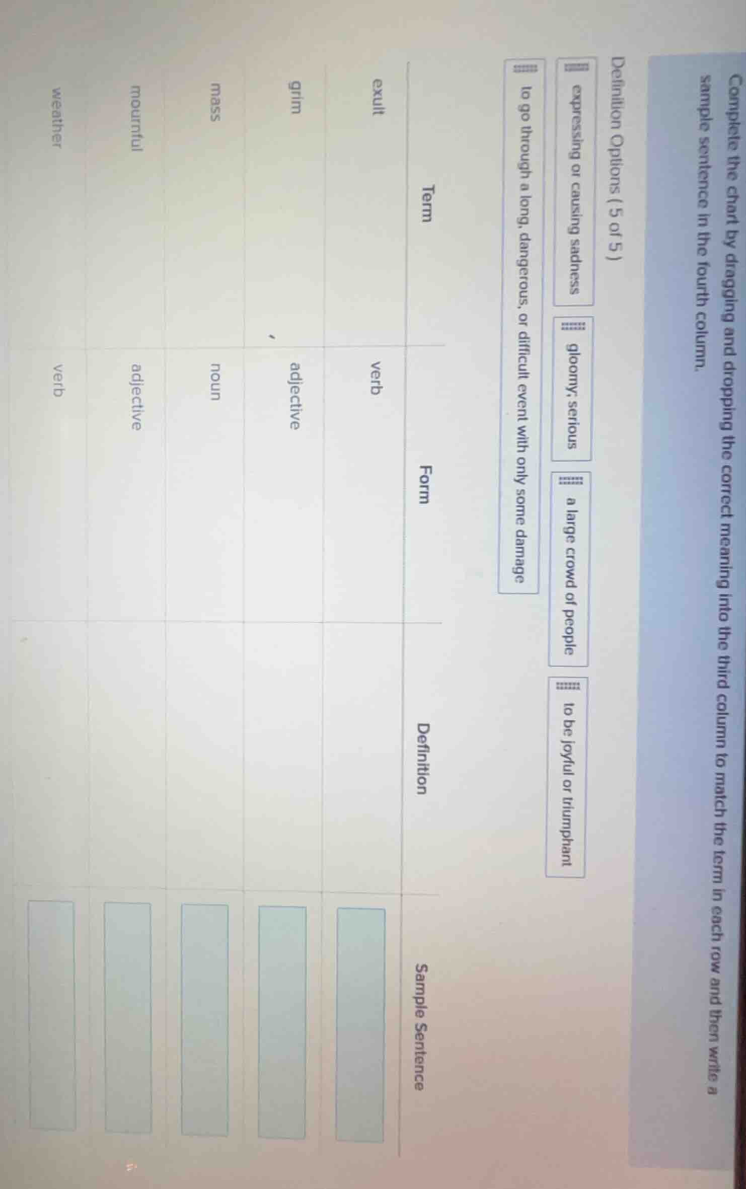 complete the chart by dragging and dropping the correct meaning into th…