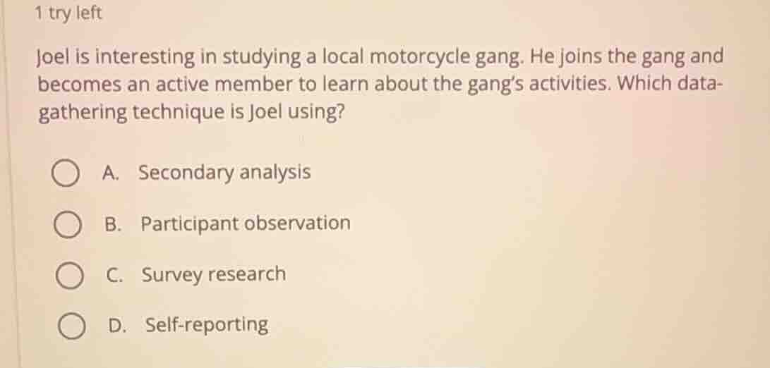1 try left joel is interesting in studying a local motorcycle gang. he …