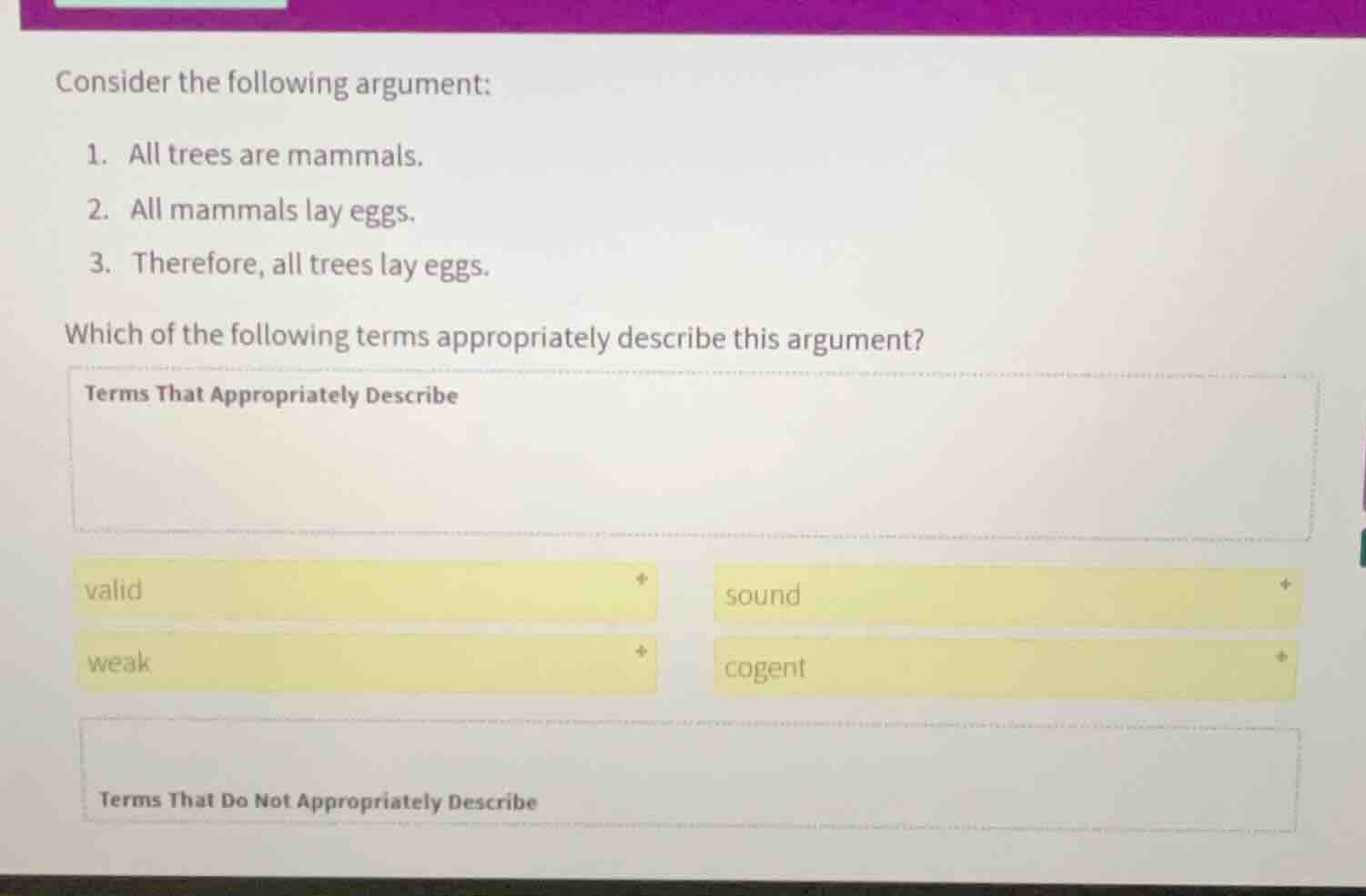 consider the following argument: 1. all trees are mammals. 2. all mamma…