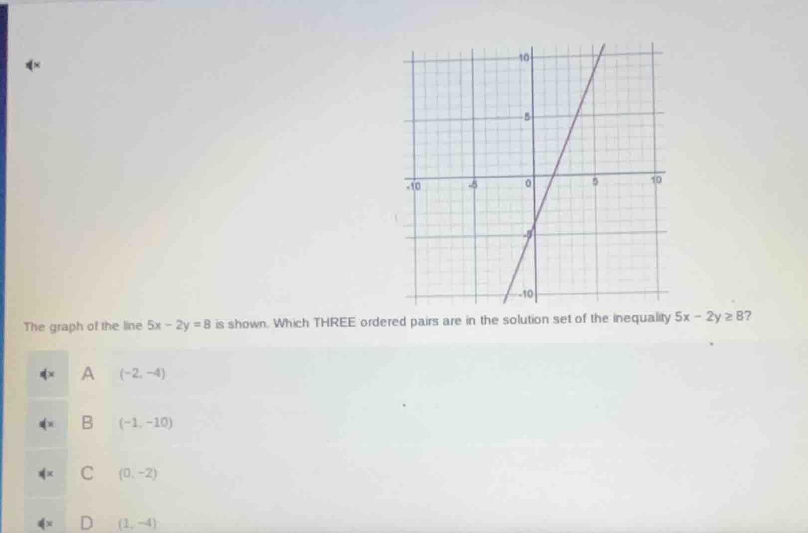the graph of the line $5x - 2y = 8$ is shown. which three ordered pairs…