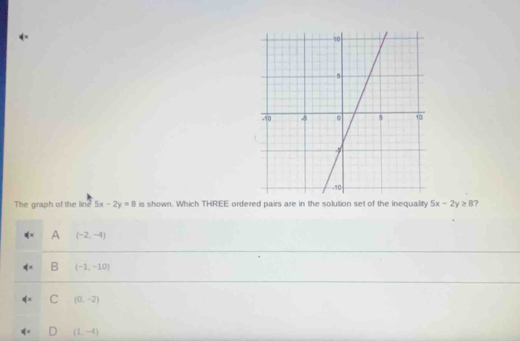 the graph of the line ( 5x - 2y = 8 ) is shown. which three ordered pai…