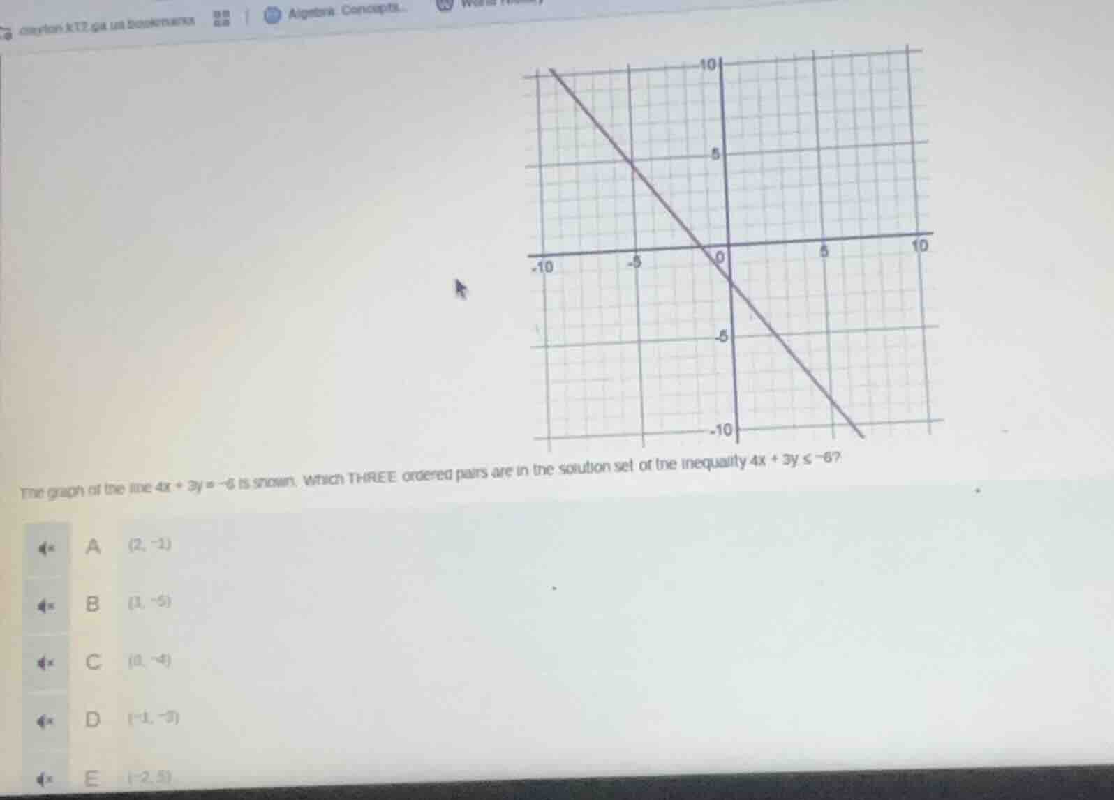 the graph of the line (4x + 3y = -6) is shown. which three ordered pair…