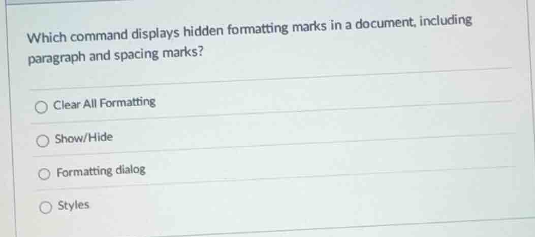 which command displays hidden formatting marks in a document, including…