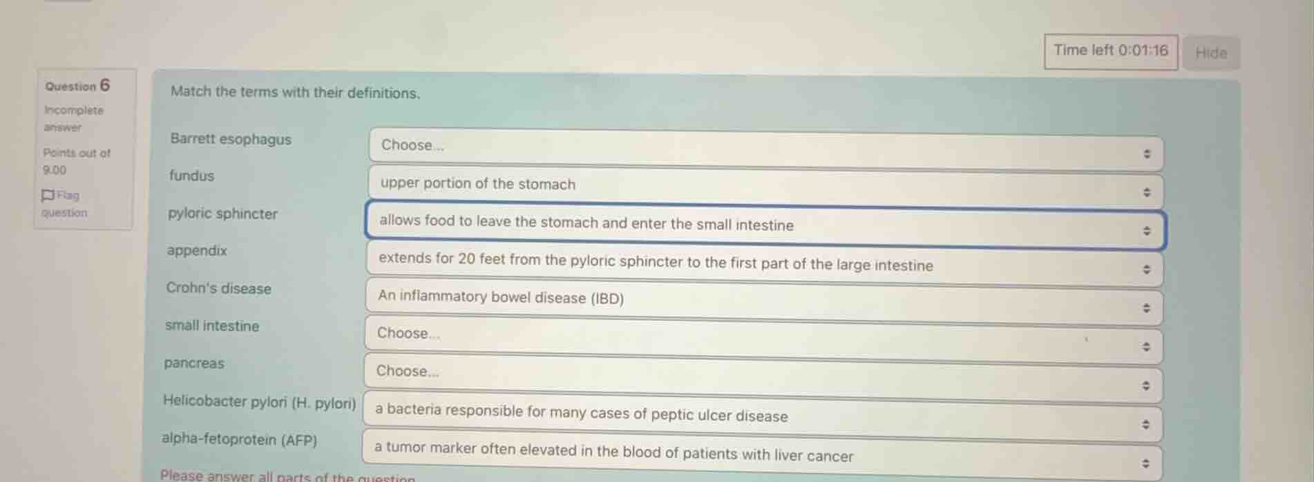 question 6 incomplete answer points out of 9.00 flag question match the…