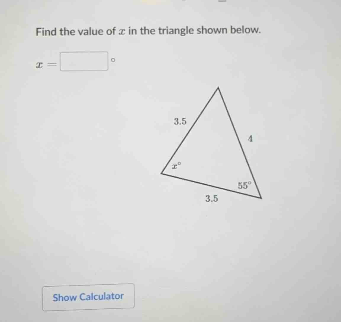 find the value of x in the triangle shown below. x = \\boxed{\\space}^\…