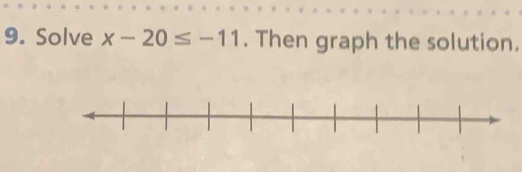 9. solve $x - 20 leq -11$. then graph the solution.