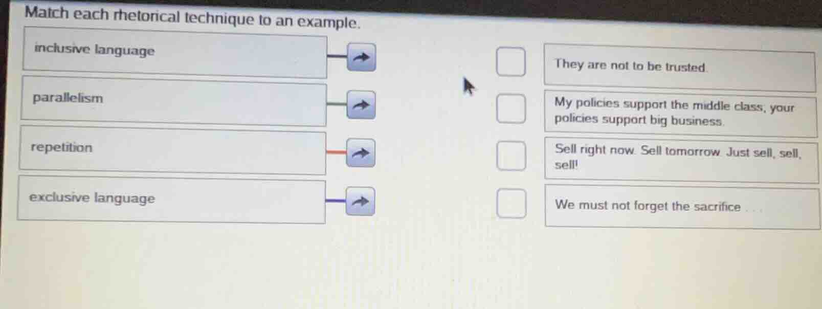 match each rhetorical technique to an example. inclusive language paral…