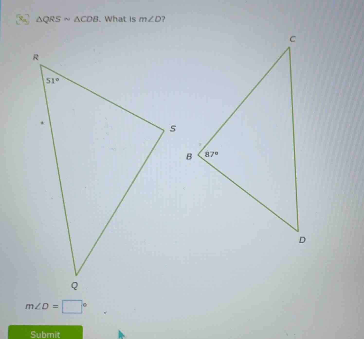 △qrs ~ △cdb. what is m∠d? m∠d = \\square°