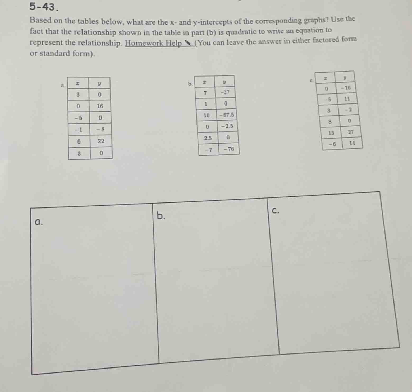 5-43. based on the tables below, what are the x- and y-intercepts of th…