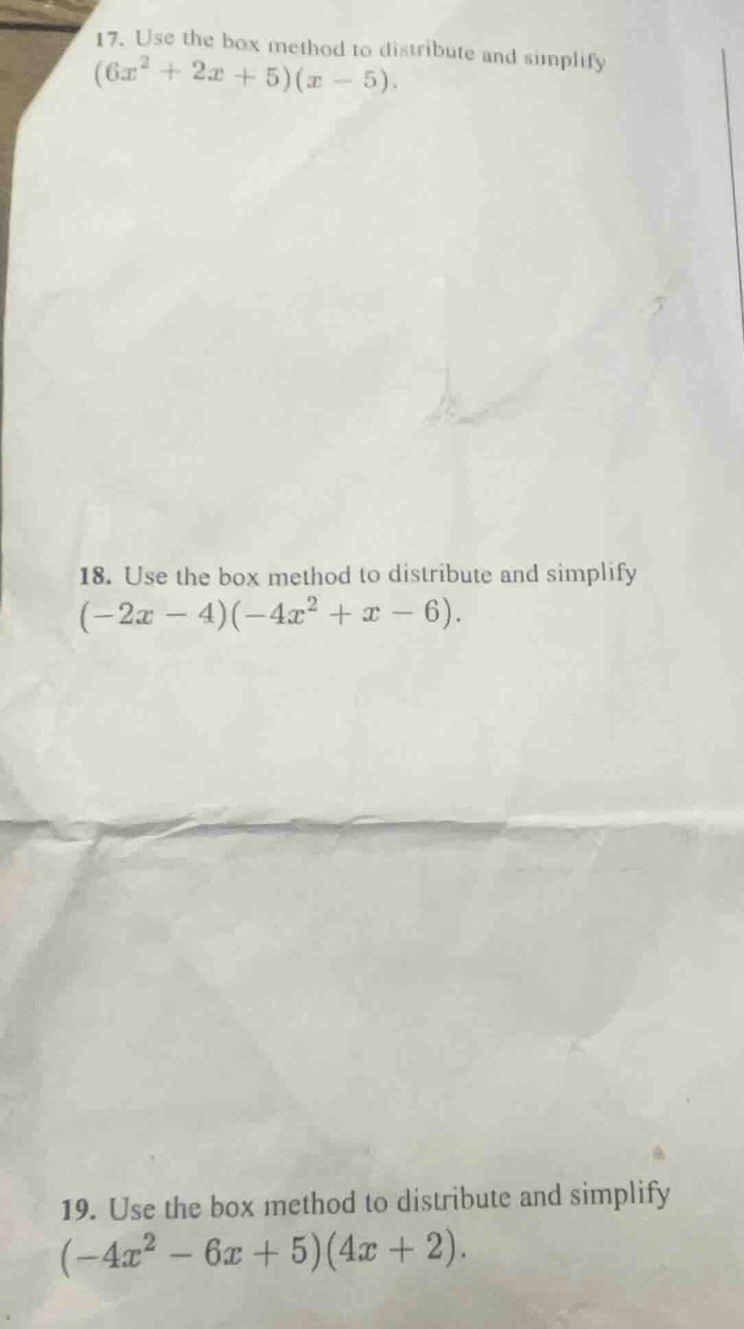 17. use the box method to distribute and simplify ((6x^{2}+2x + 5)(x - …