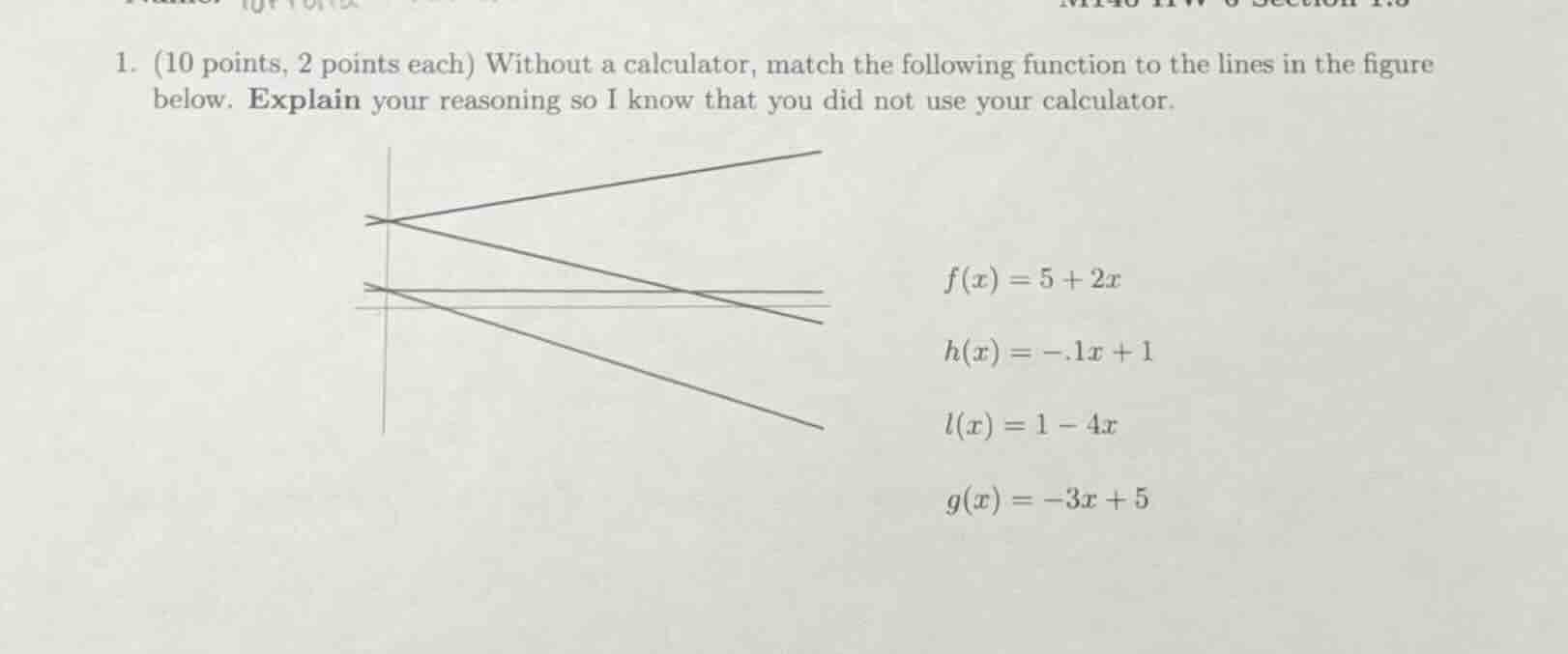1. (10 points, 2 points each) without a calculator, match the following…