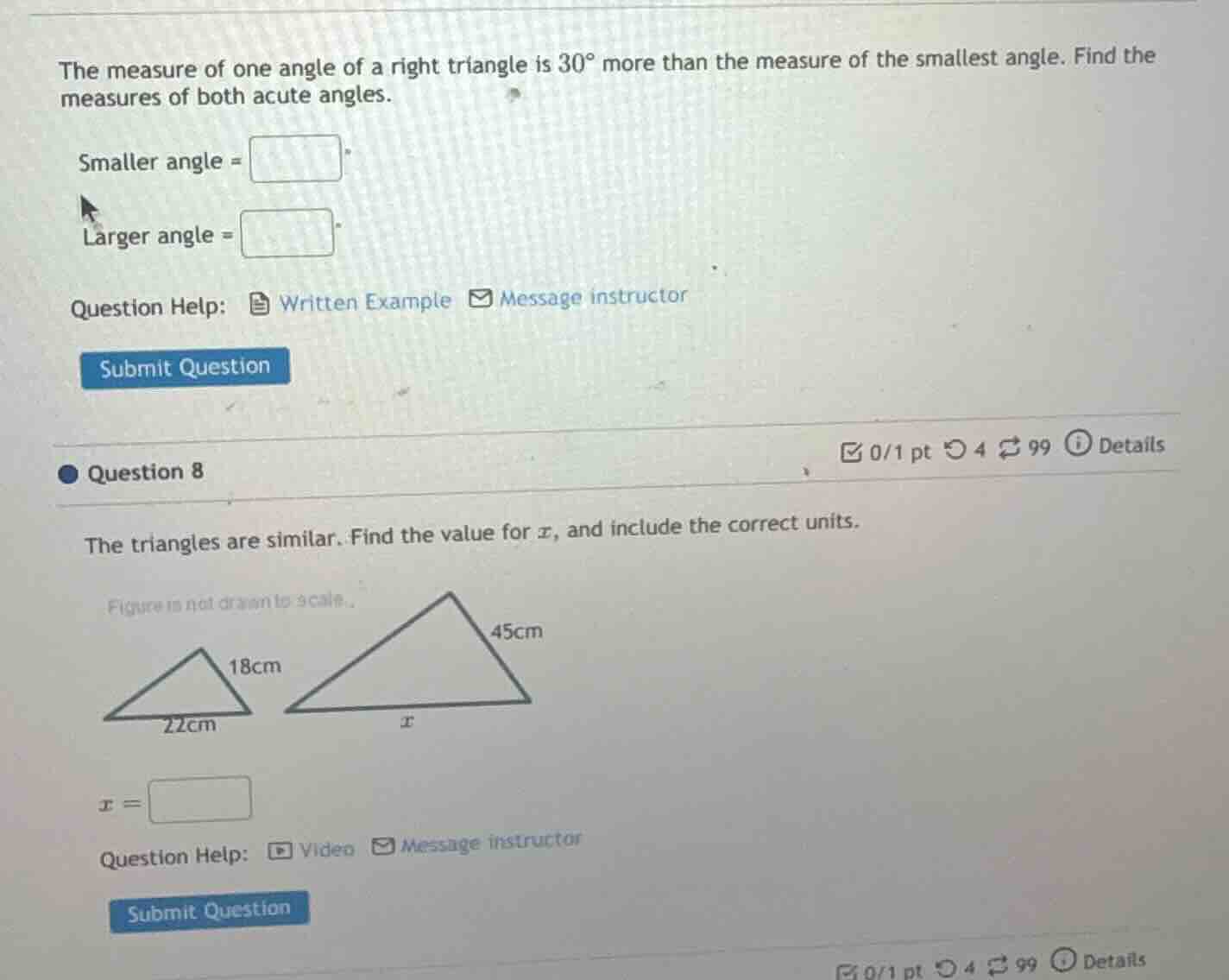 the measure of one angle of a right triangle is 30° more than the measu…