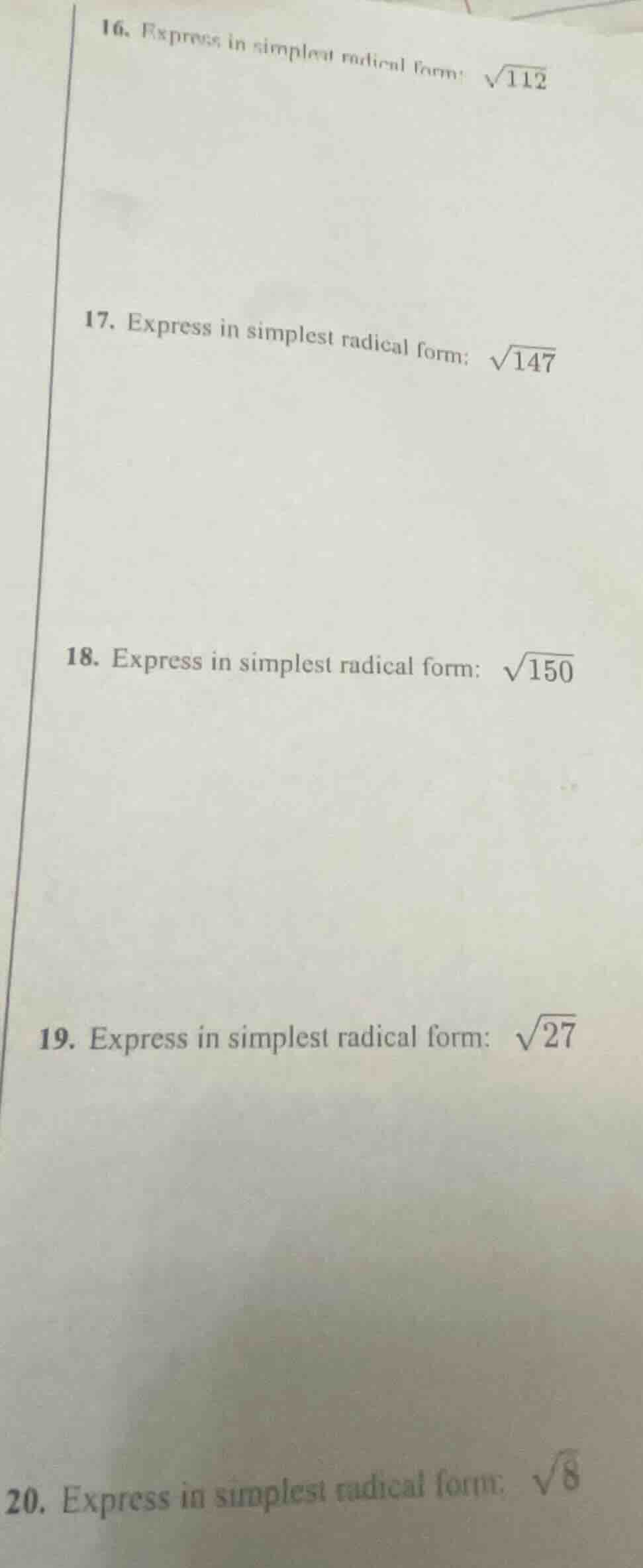 16. express in simplest radical form: \\(sqrt{112}\\) 17. express in si…