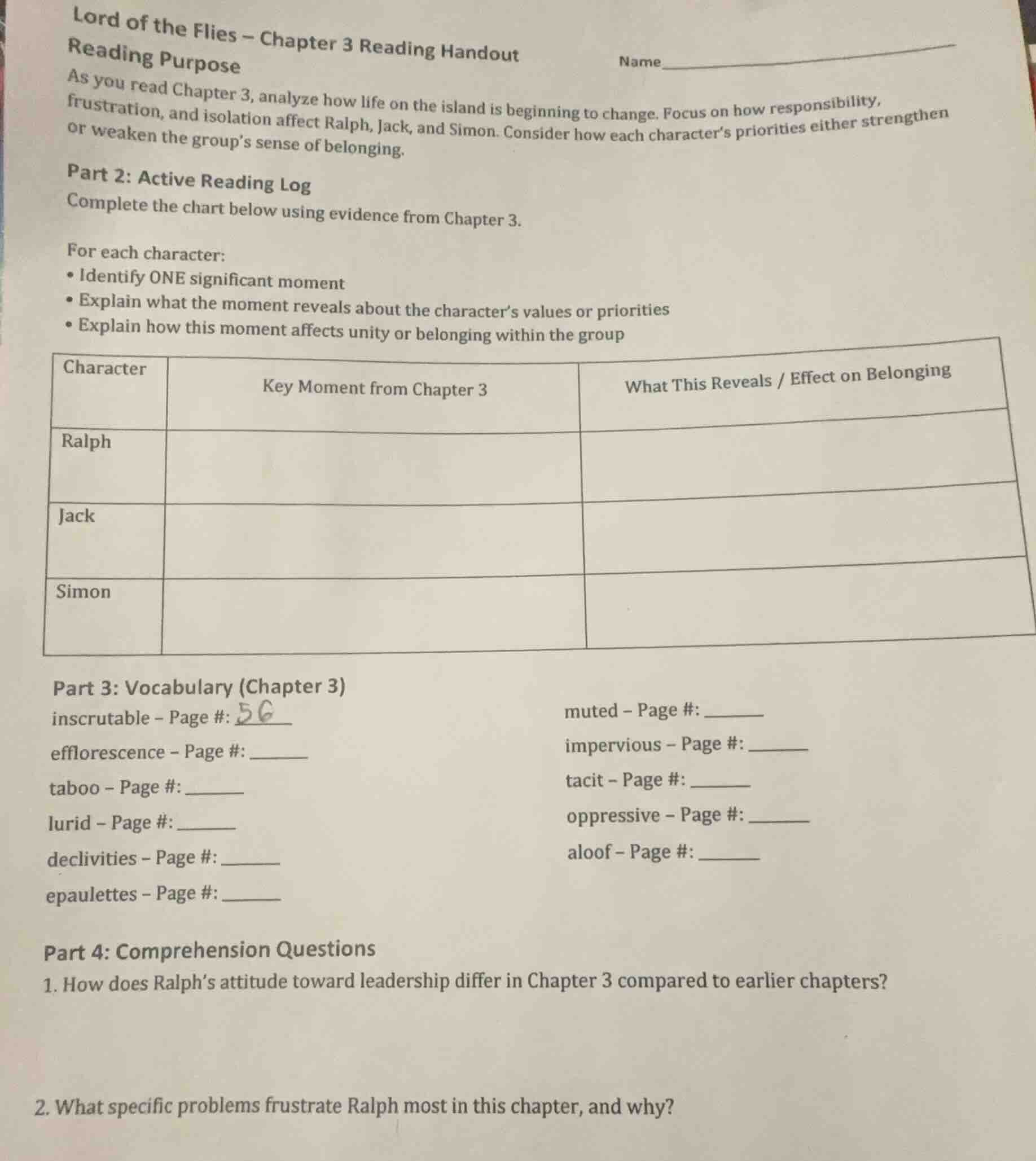 lord of the flies – chapter 3 reading handout reading purpose as you re…