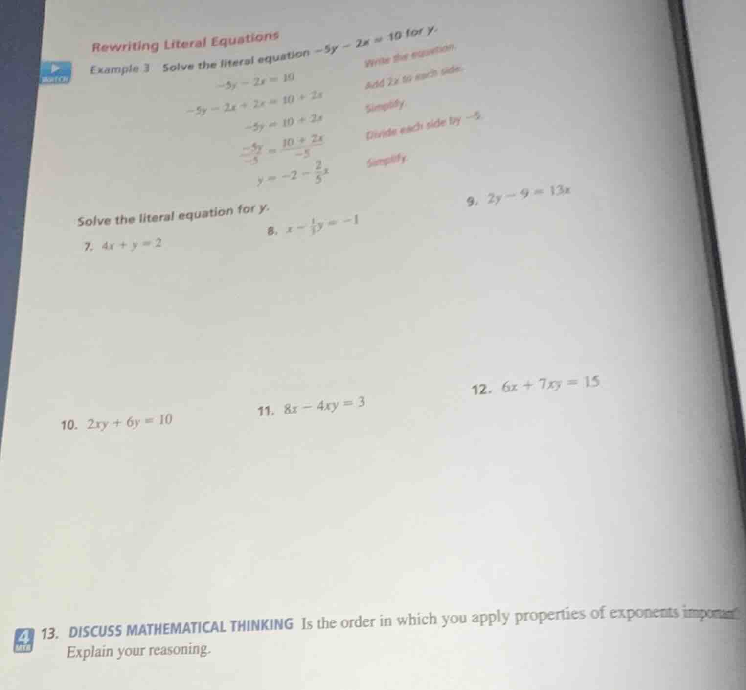 rewriting literal equations example 3 solve the literal equation -5y - …