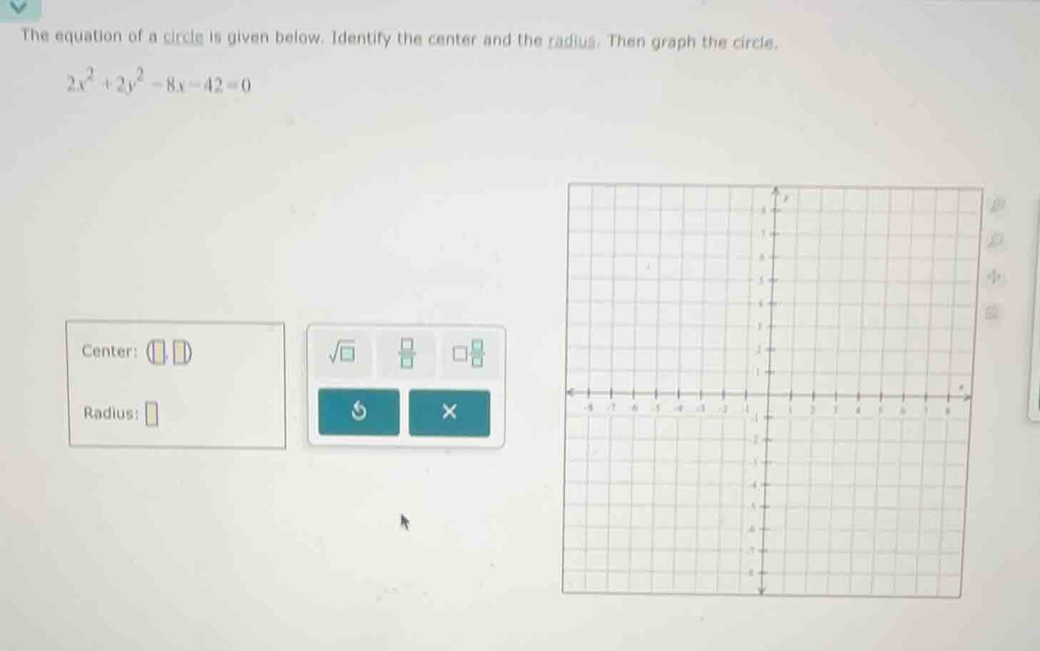 the equation of a circle is given below. identify the center and the ra…