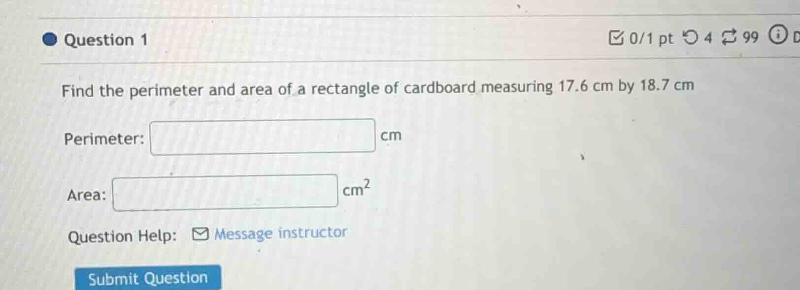 question 1 find the perimeter and area of a rectangle of cardboard meas…