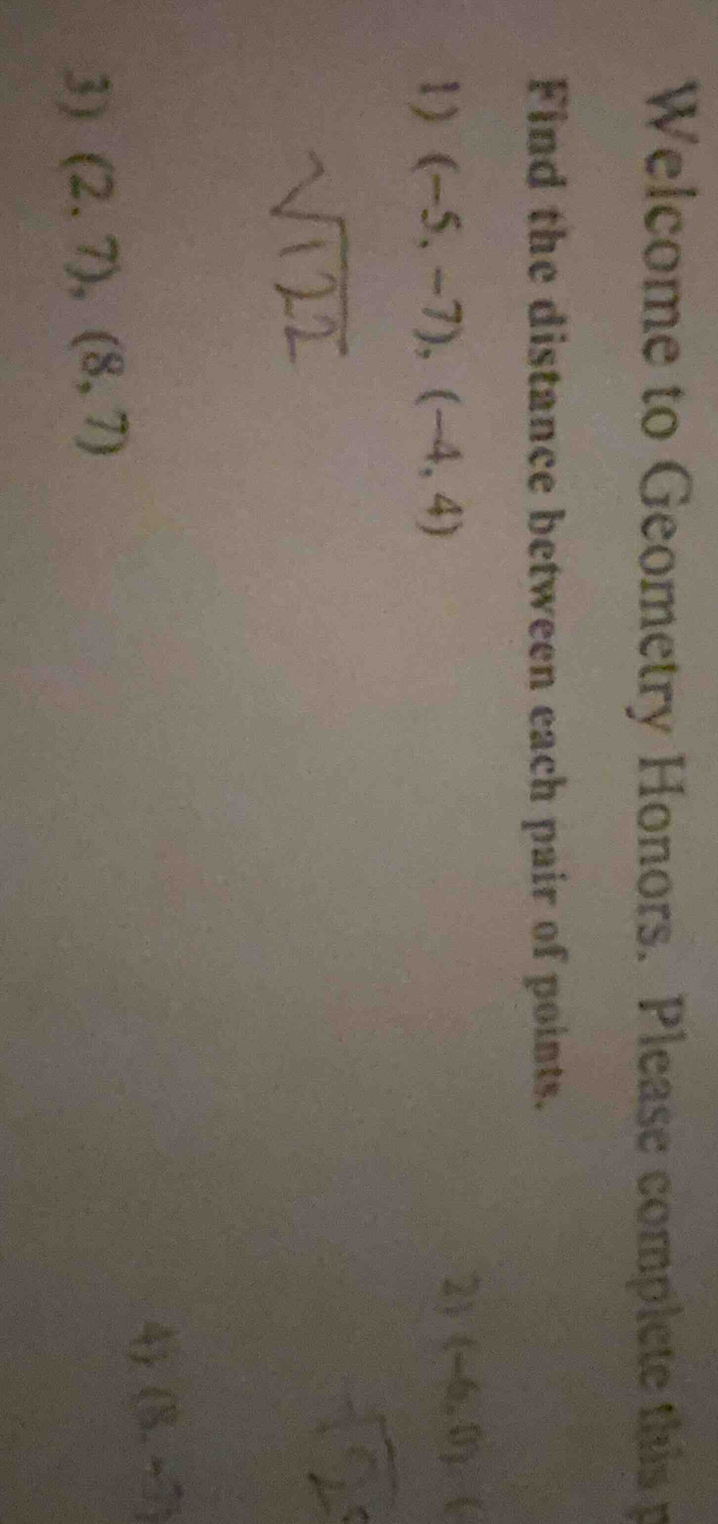 welcome to geometry honors. please complete this find the distance betw…