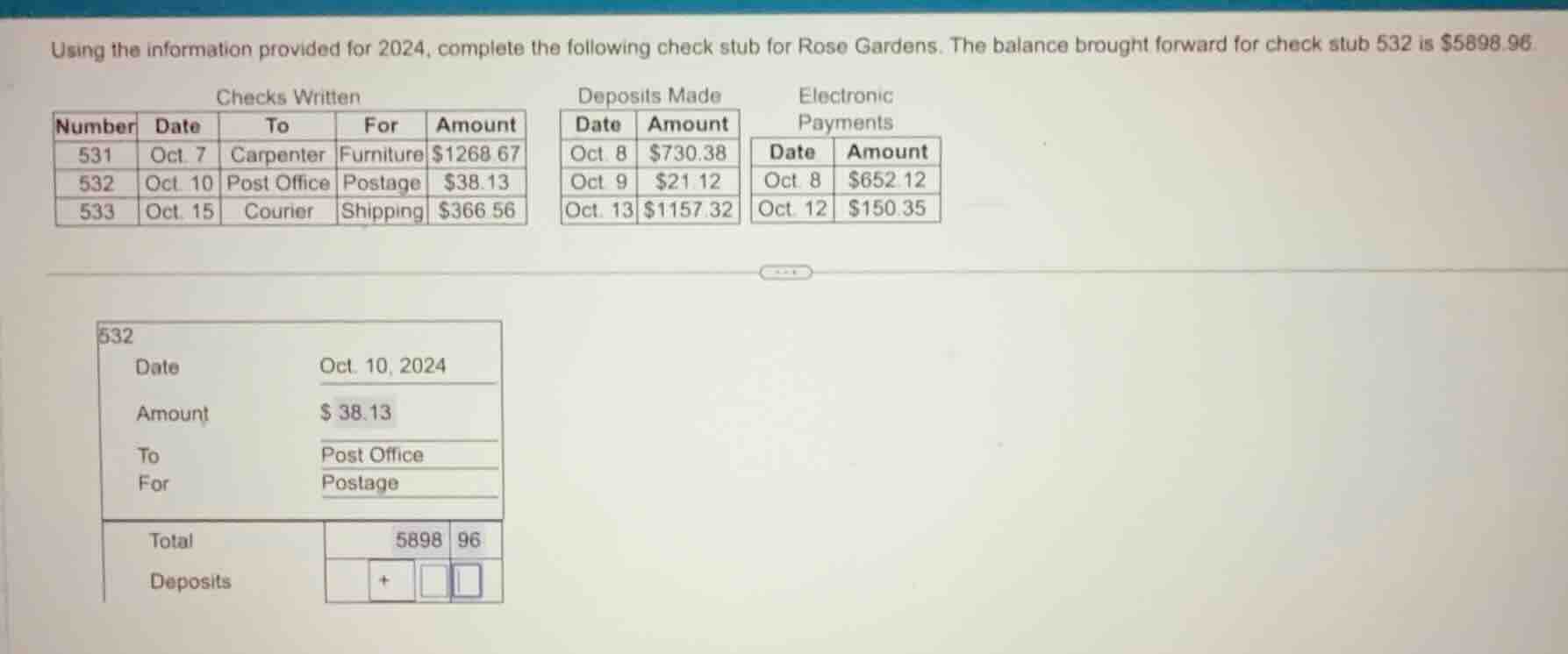 using the information provided for 2024, complete the following check s…