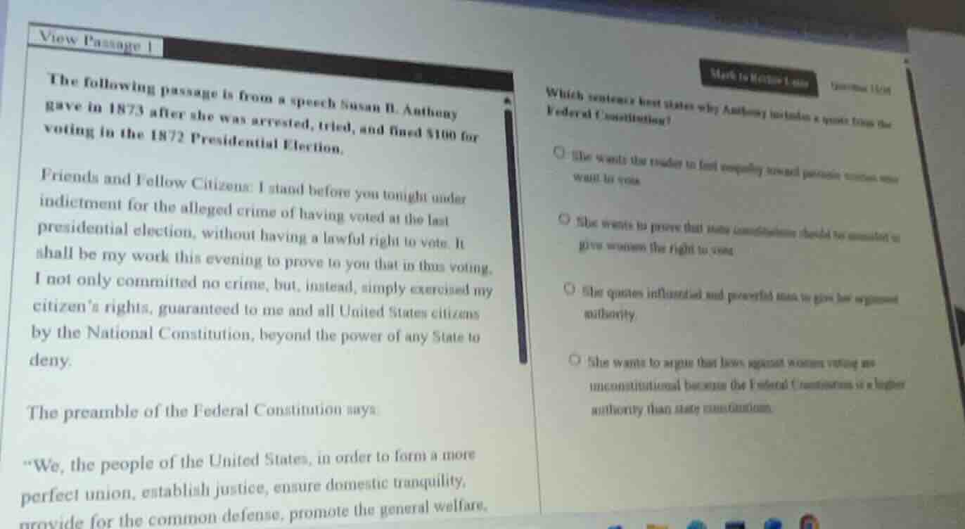 view passage 1 the following passage is from a speech susan b. anthony …