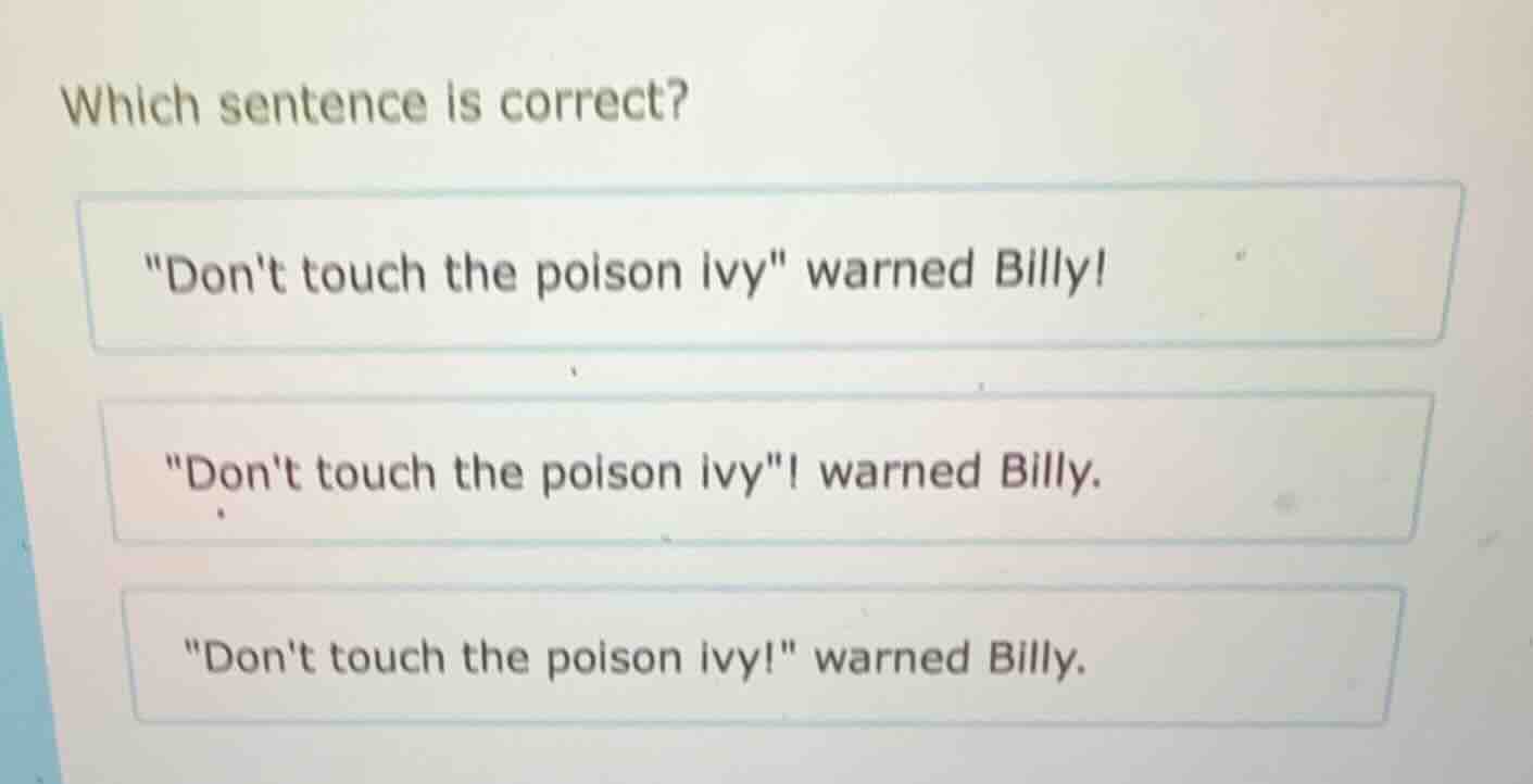 which sentence is correct? \dont touch the poison ivy\ warned billy! \d…