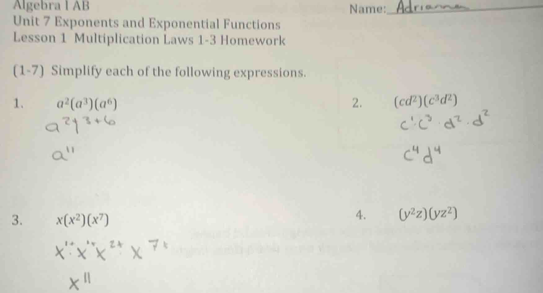 algebra 1 ab unit 7 exponents and exponential functions lesson 1 multip…