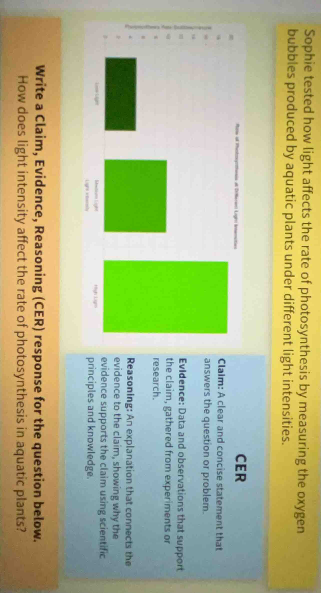 sophie tested how light affects the rate of photosynthesis by measuring…