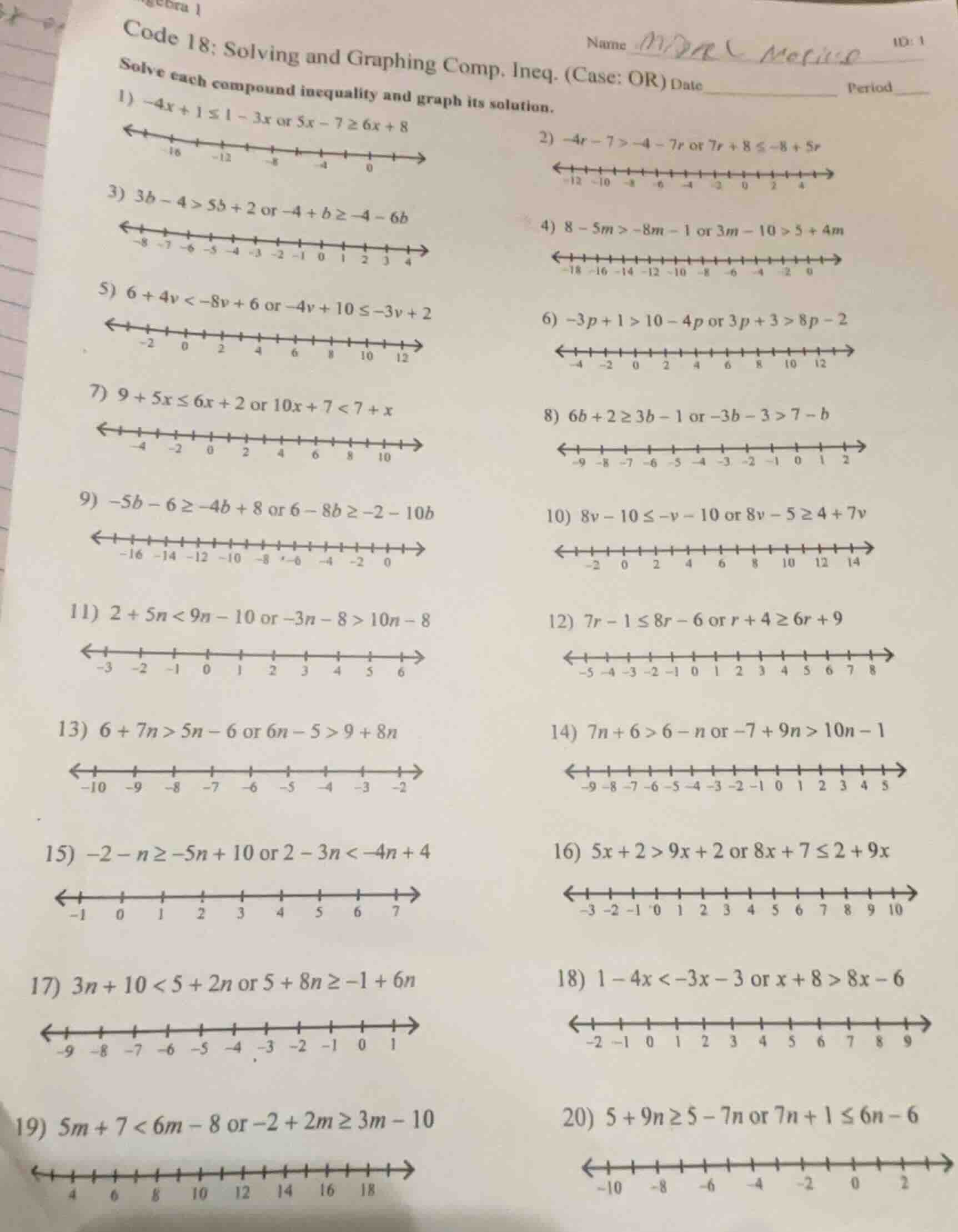 algebra 1 code 18: solving and graphing comp. ineq. (case: or) name id:…