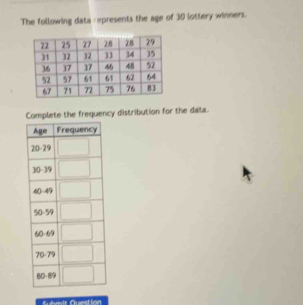 the following data represents the age of 30 lottery winners. 22 25 27 2…