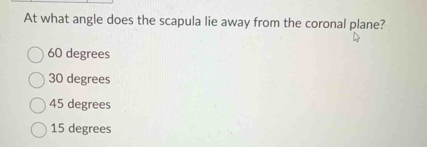 at what angle does the scapula lie away from the coronal plane? 60 degr…