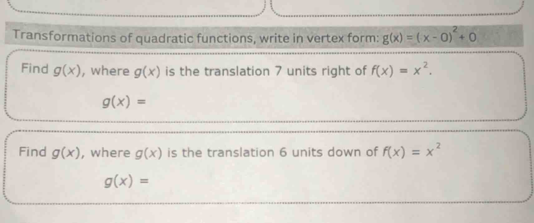 transformations of quadratic functions, write in vertex form: $g(x) = (…