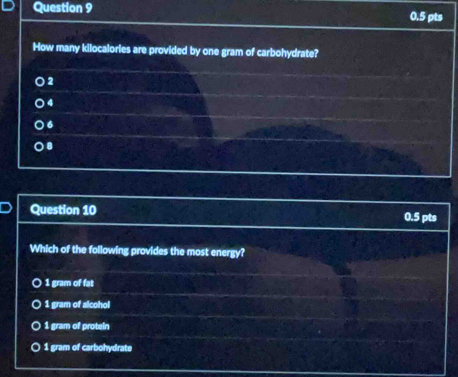 question 9 0.5 pts how many kilocalories are provided by one gram of ca…
