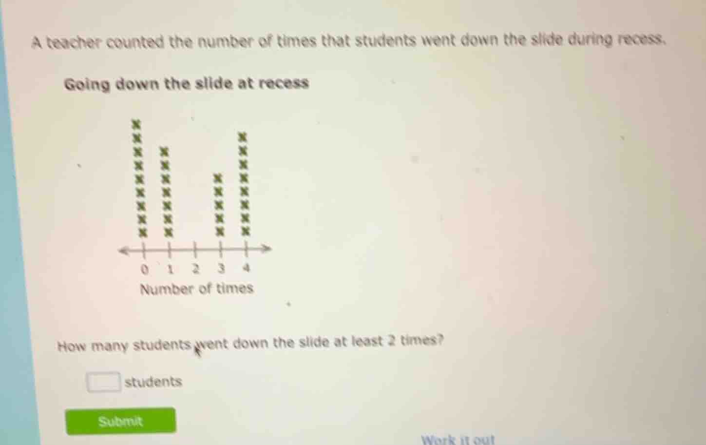 a teacher counted the number of times that students went down the slide…