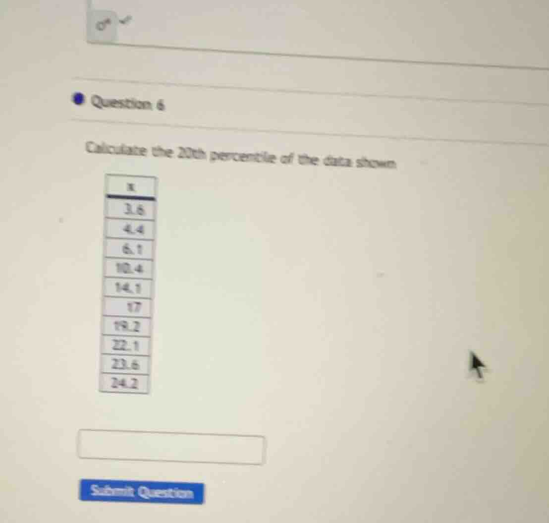 question 6 calculate the 20th percentile of the data shown x 3.6 4.4 6.…