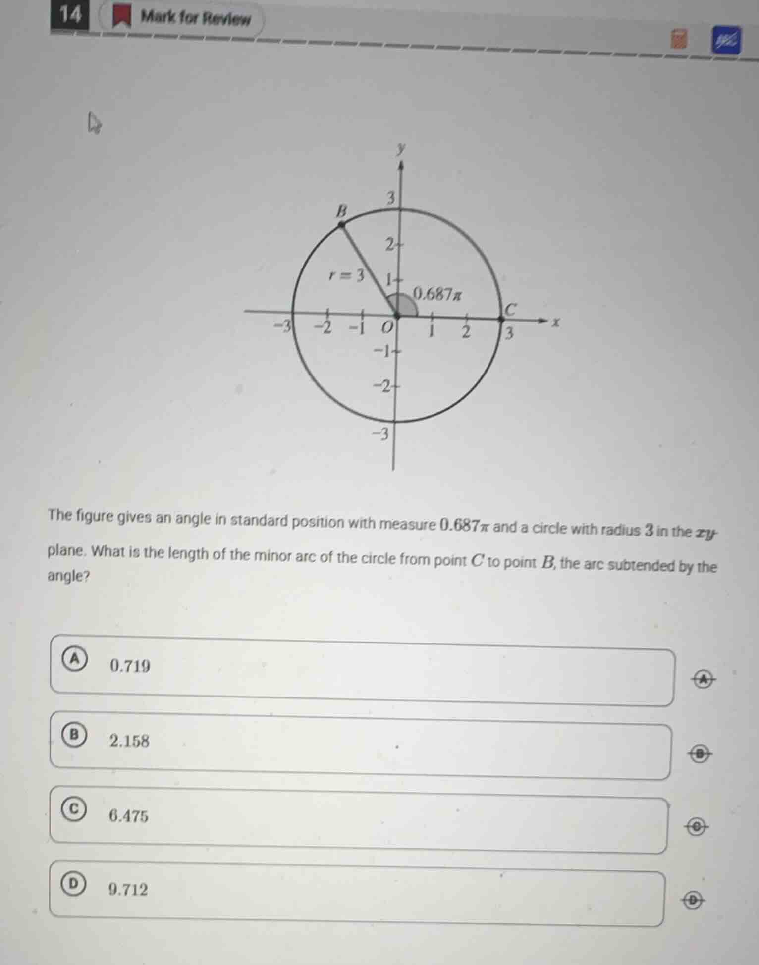 the figure gives an angle in standard position with measure 0.687π and …