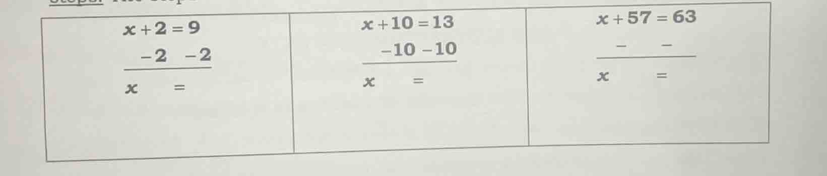 x + 2 = 9 -2 -2 x = x + 10 = 13 -10 -10 x = x + 57 = 63 - - x =