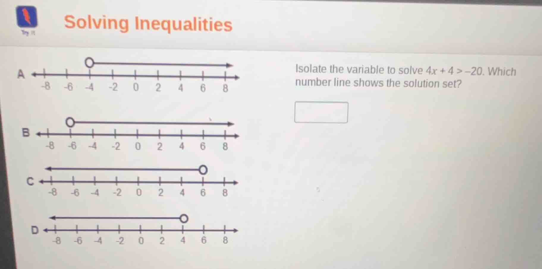 solving inequalities a -8 -6 -4 -2 0 2 4 6 8 b -8 -6 -4 -2 0 2 4 6 8 c …