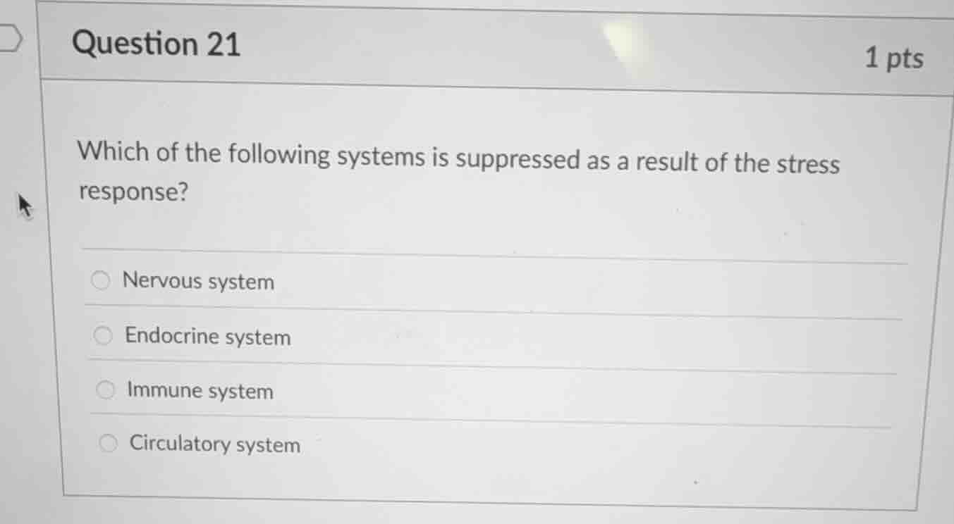 question 21 1 pts which of the following systems is suppressed as a res…