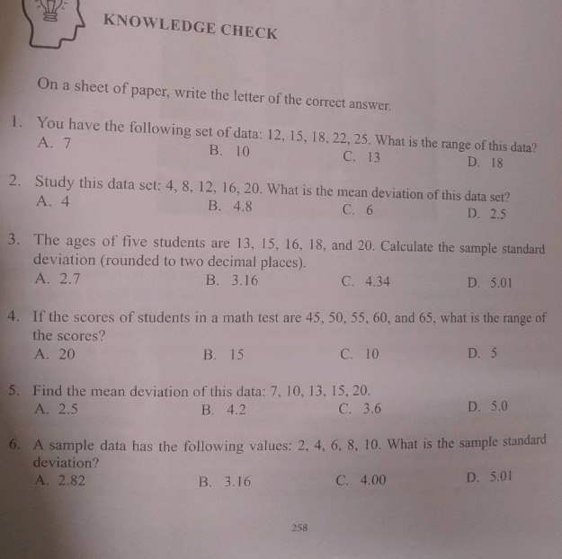 knowledge check on a sheet of paper, write the letter of the correct an…