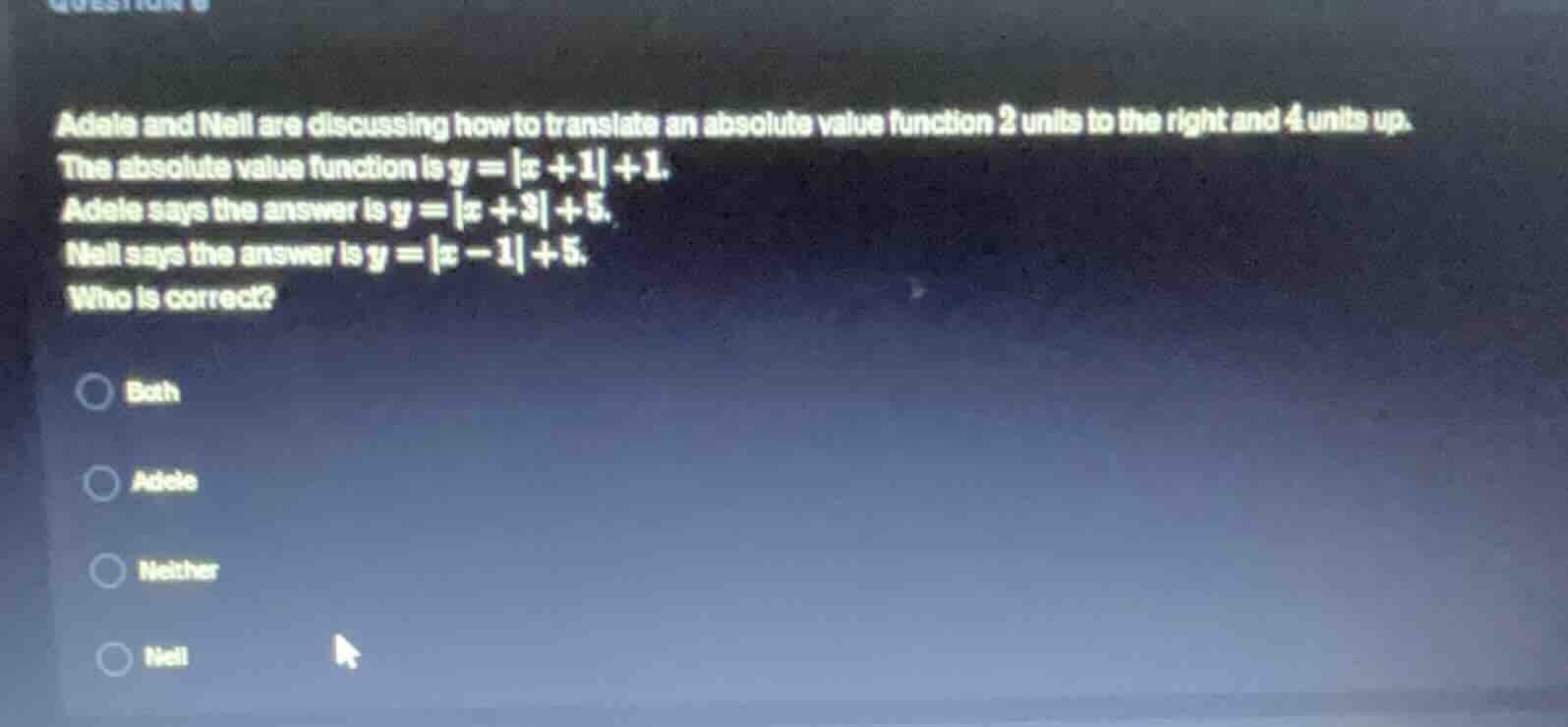 adele and neil are discussing how to translate an absolute value functi…