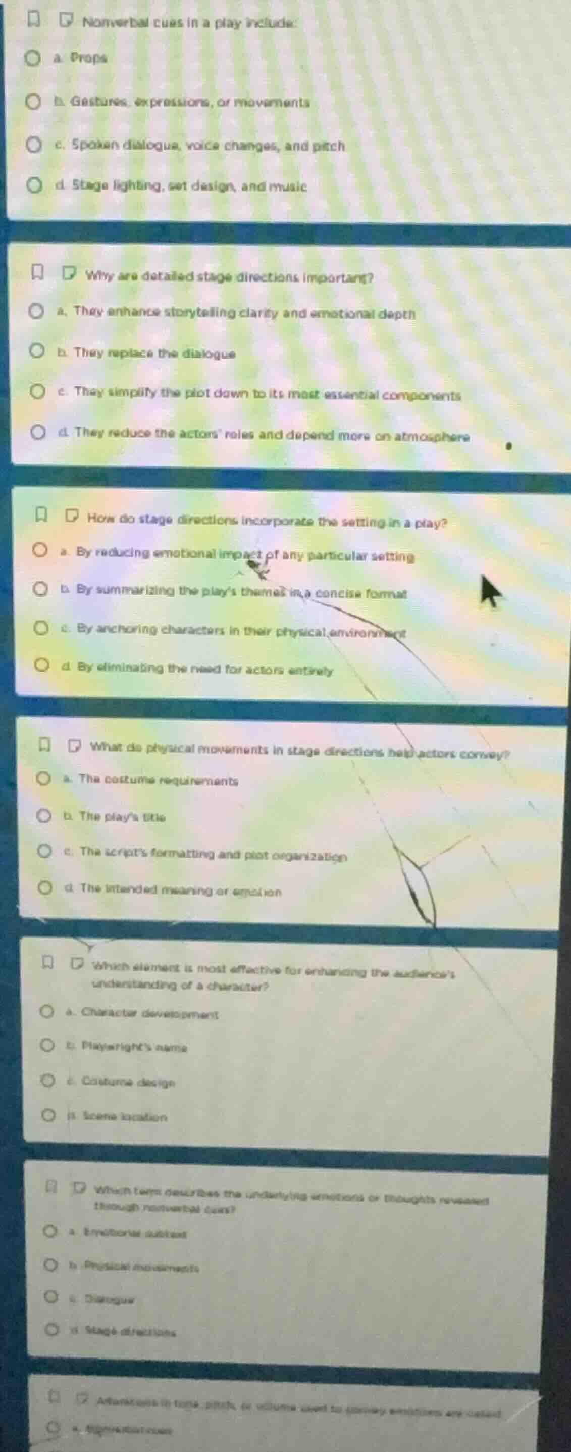 1. nonverbal cues in a play include: a. props b. gestures, expressions,…