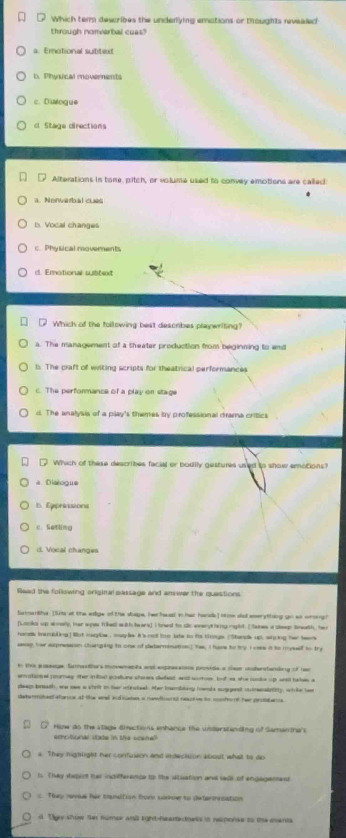 which term describes the underlying emotions or thoughts revealed throu…