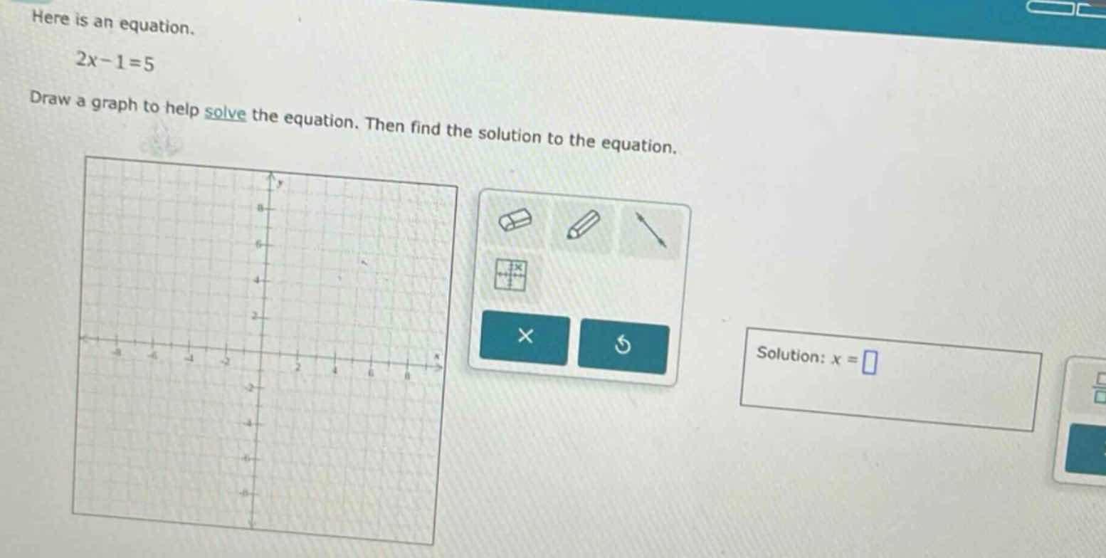 here is an equation. $2x - 1 = 5$ draw a graph to help solve the equati…