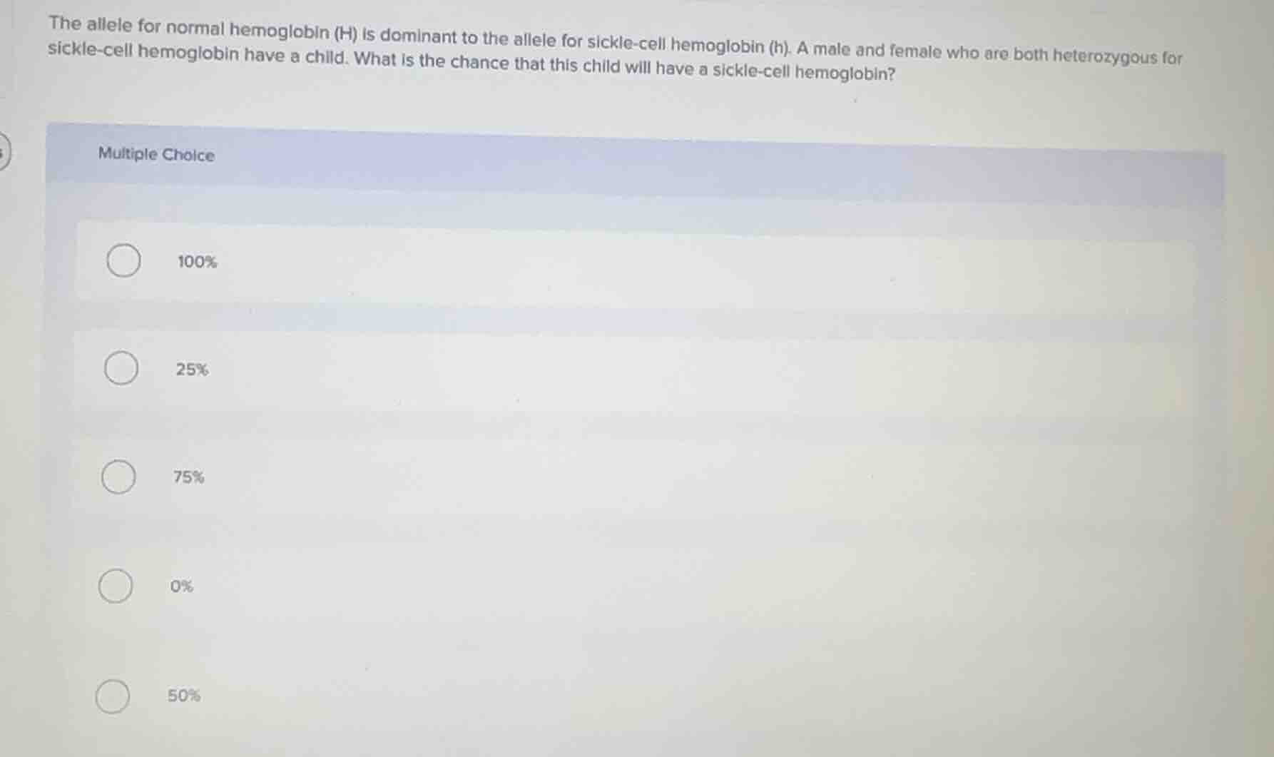 the allele for normal hemoglobin (h) is dominant to the allele for sick…