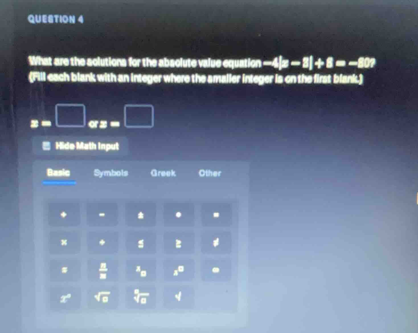 question 4 what are the solutions for the absolute value equation $-4|x…