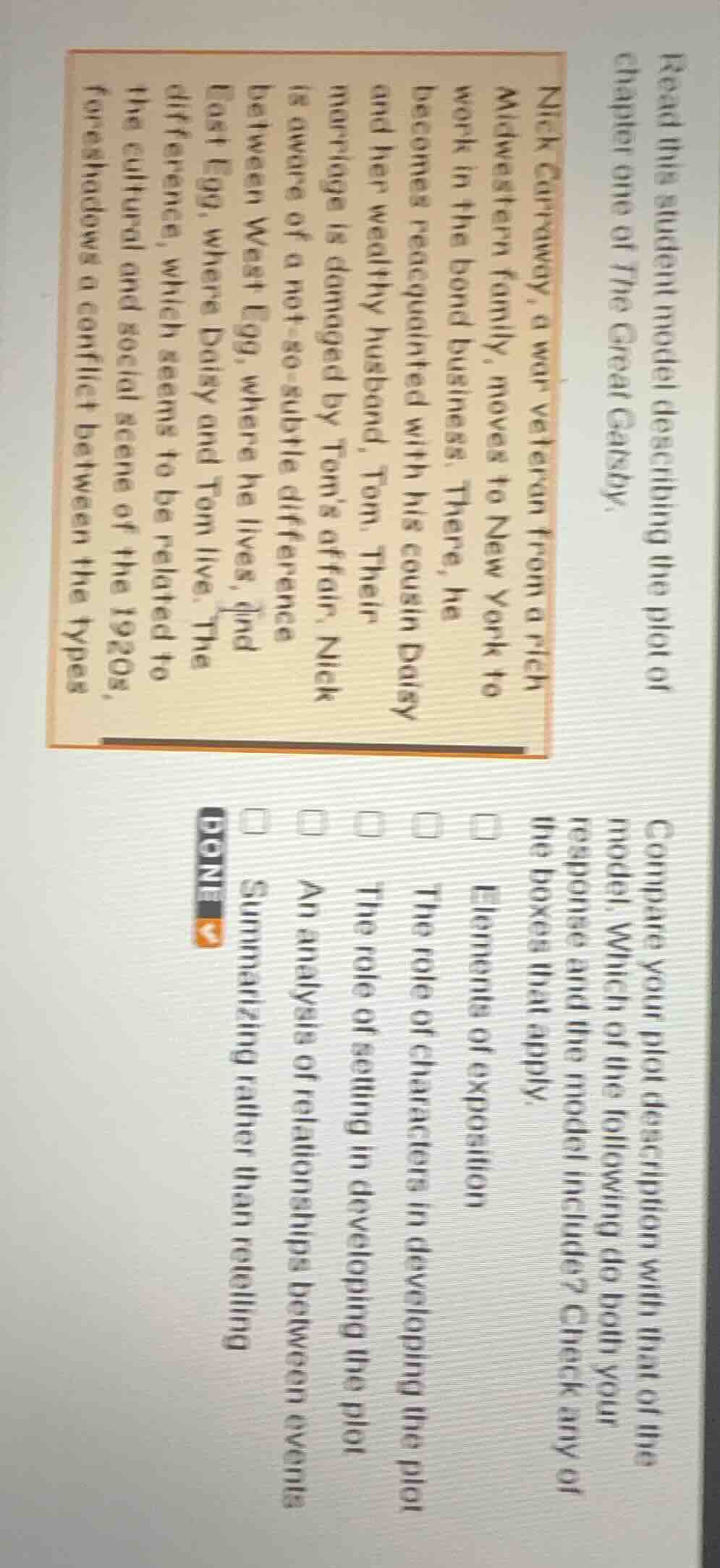 read this student model describing the plot of chapter one of the great…